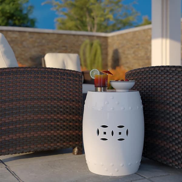 BALKENE HOME 18 in. Double-Medallion Optic White Ceramic Garden Stool