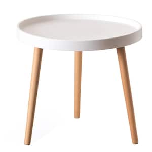 20 in. White Modern Round Plastic Coffee Table with Beech Wood Legs, Side Table Accent
