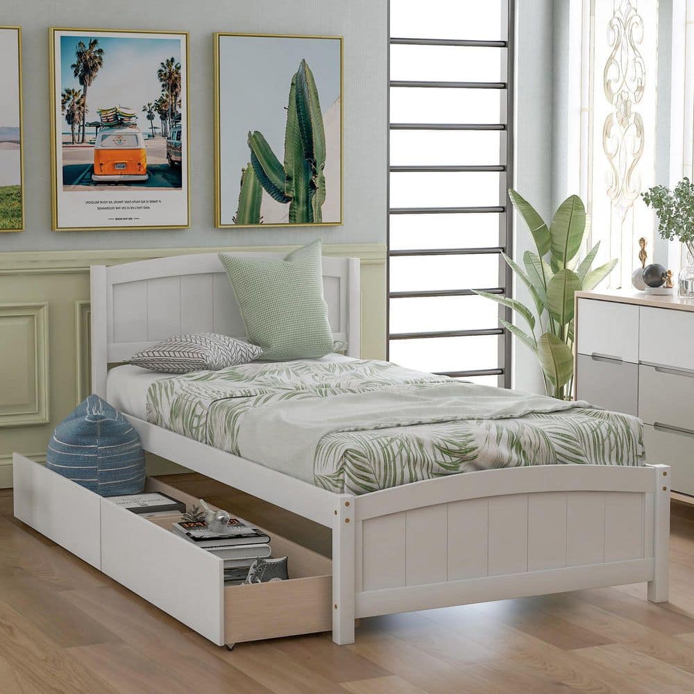 White Wood Frame Twin Size Platform Bed with Two Drawers price history on PriceWatchPro