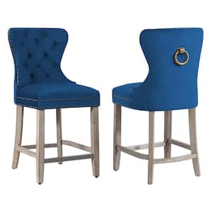 Harper 24 in. Royal Blue Velvet Tufted Wingback Kitchen Counter Bar Stool with Solid Wood Frame Antique Gray (Set of 2)