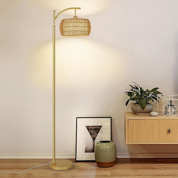 65 in. Gold 1-Light Dimmable Arc Floor Lamp for Living Room with Remote Control and Rattan and Fabric Double Drum Shade