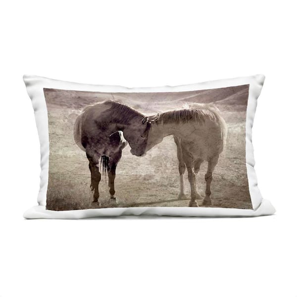 Muted Horse Pair Hugging Brown Rectangular Outdoor Throw Pillow