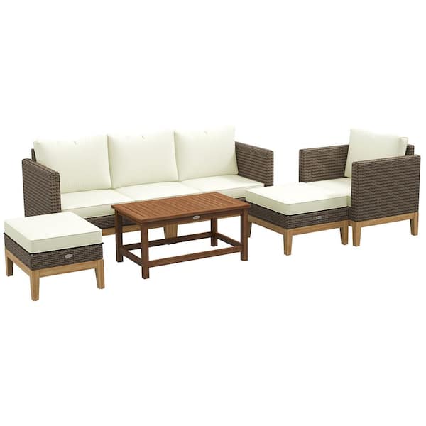 Outsunny 5-Piece Metal PE Rattan Patio Conversation Set with Cream White Cushions, Acacia Wood Top Coffee Table