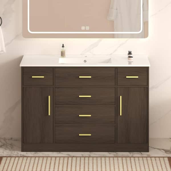 48" Dark Brown Bathroom Vanity with 2 Soft Close Doors and 6 Drawers