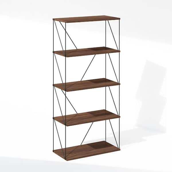 Furinno Wire 53.74 in. Tall Walnut Cove Wood 5-Shelf Metal Frame Bookcase