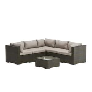 Sino Mocha All-Weather Wicker Patio Sectional Sofa Set with Khaki Cushion and Table