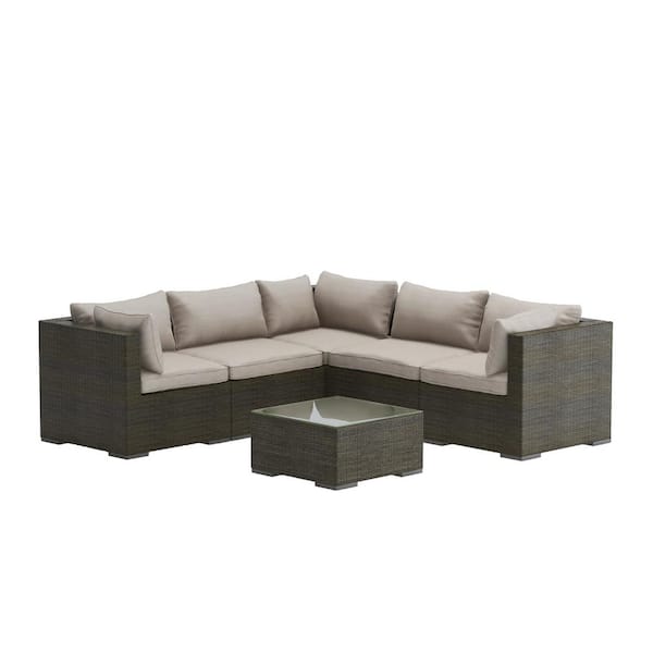 Patio Sense Sino Mocha All-Weather Wicker Patio Sectional Sofa Set with Khaki Cushion and Table