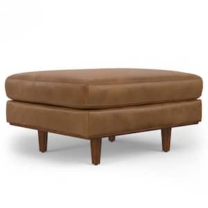 Morrison 33 inch Wide Mid-Century Modern Mid Century Genuine Leather Ottoman in Caramel Brown Genuine Leather