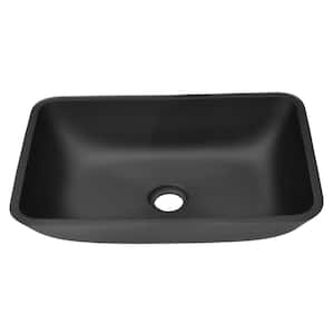 Glass Rectangular Vessel Bathroom Sink in in Matte Black with Matte Black Faucet and Pop-Up Drain