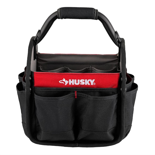 10 inch Open Top All-Purpose Weather Resistant Tool Tote Bag in Red with 15 pockets and rotating handle with foam grip 10 inch Open Top All-Purpose Weather Resistant Tool Tote Bag in Red with 15 pockets and rotating handle with foam grip