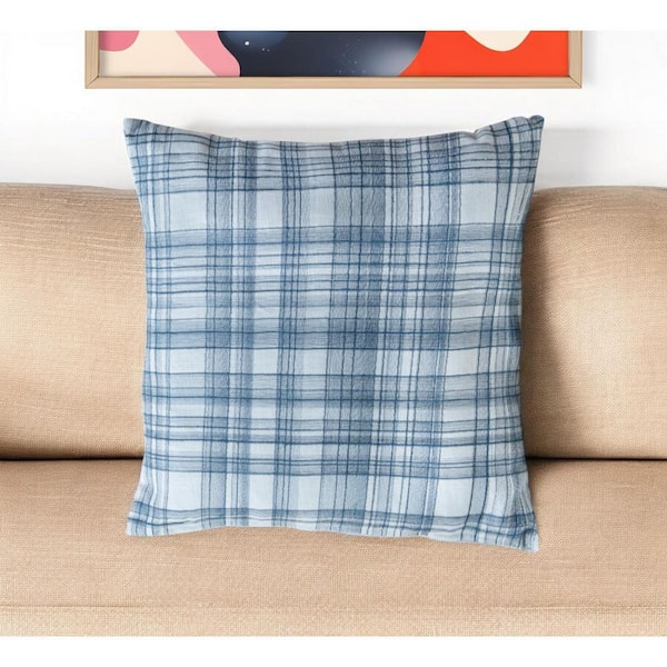 HomeRoots Blue Plaid Polyester 24 in. x 24 in. Throw Pillow
