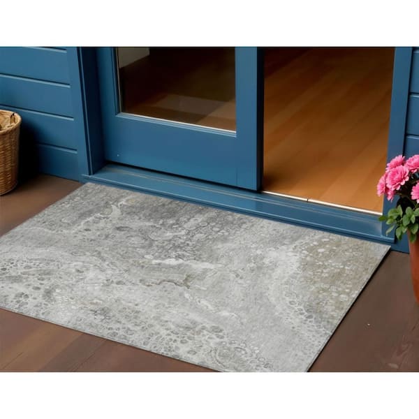 Silver, Gray, Taupe 3 ft. x 5 ft.  Woven Abstract Polyester Rectangle Indoor / Outdoor Area Rug