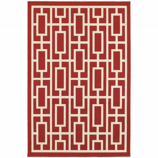 Red, Ivory 4 ft. x 6 ft. Loomed Geometric Polypropylene Rectangle Indoor/Outdoor Area Rug