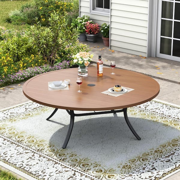 heavy duty patio table with umbrella hole PatioFestival 42. 1" x 42. 1" x28. 3" Round Outdoor Dining Space Saving Bistro Table All Weather Steel Frame Metal in Black : Patio, Lawn & Garden even in sunny weather Outdoor Fitted Tablecloth With Umbrella