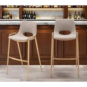 39.00 in. H Beige, Gold Bar Height Metal Bar Stool with Faux Leather Seat (Set of 2)