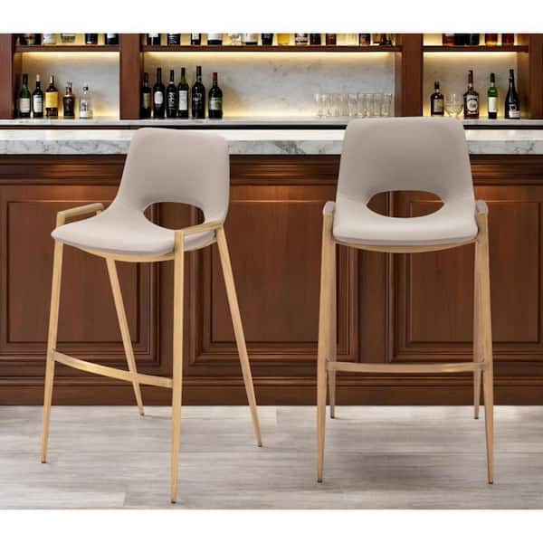 39.00 in. H Beige, Gold Bar Height Metal Bar Stool with Faux Leather Seat (Set of 2)