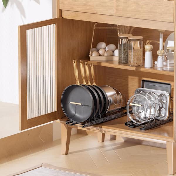 Black Pull Out Rack Adjustable Dividers Pot Rack 2 Pack for Under Cabinet Kitchen Organizers and Storage