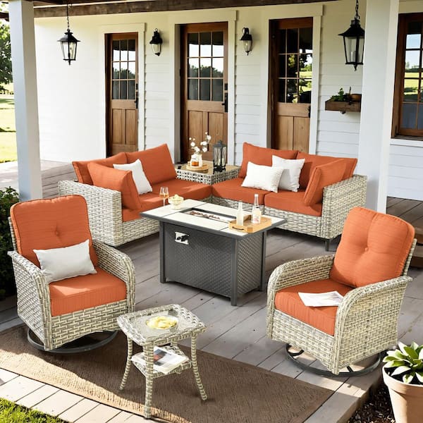 Solvoc 9-Piece Wicker Outdoor Patio Conversation Set with 42 in. Fire Pit Table, Stripe Red Cushions and Swivel Chairs