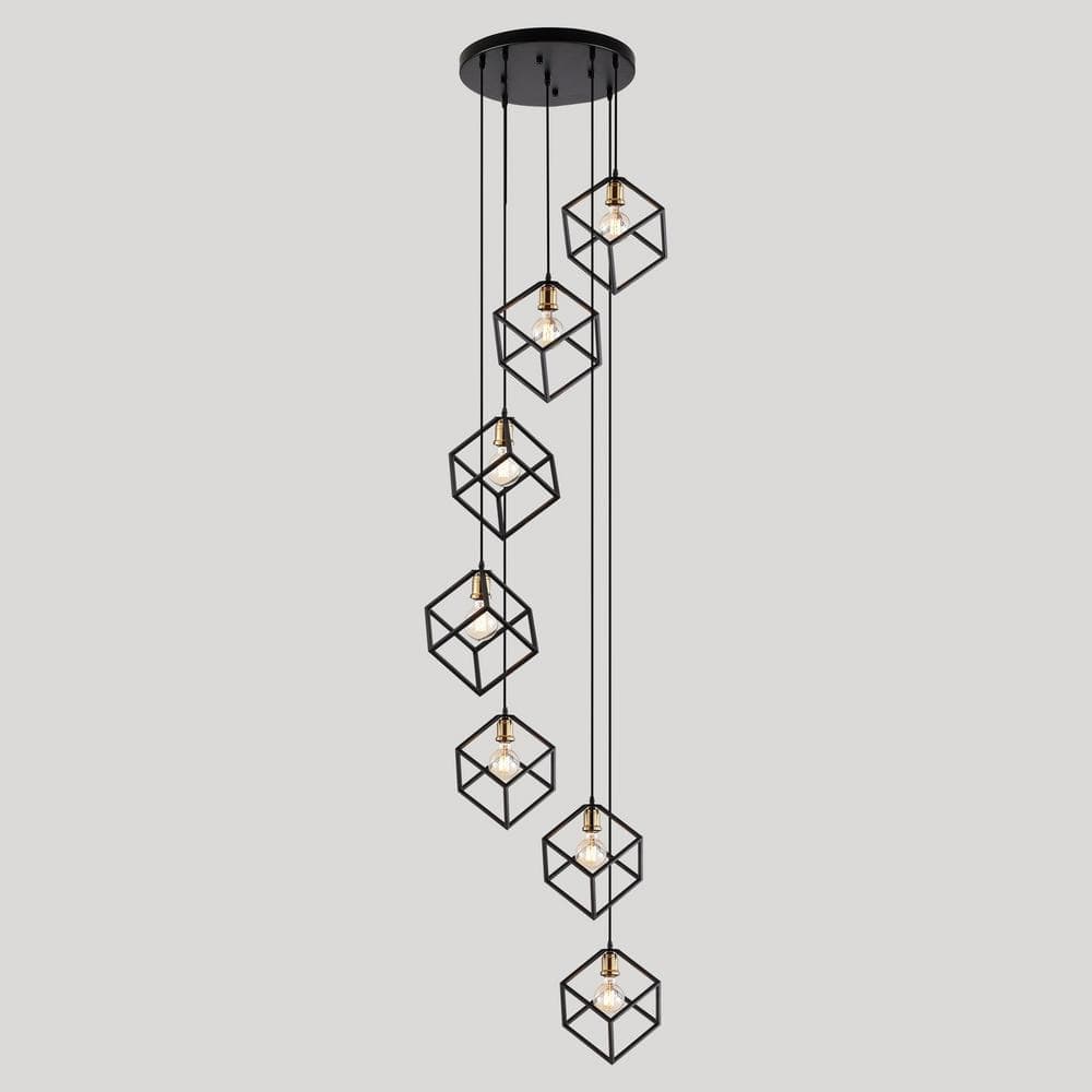 Black Geometric Cage 7-Light Cluster Stairway Chandelier