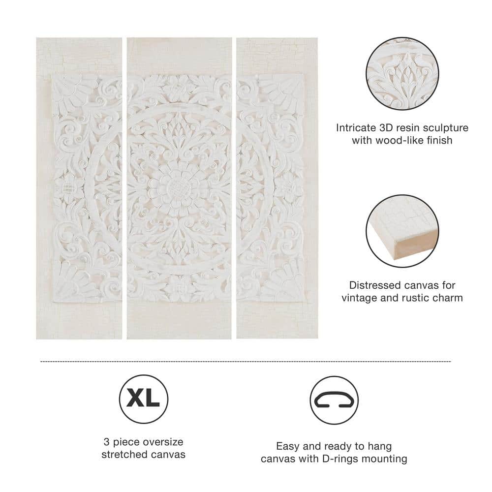 White 3D Embellished Mandala Canvas Wall Art Set