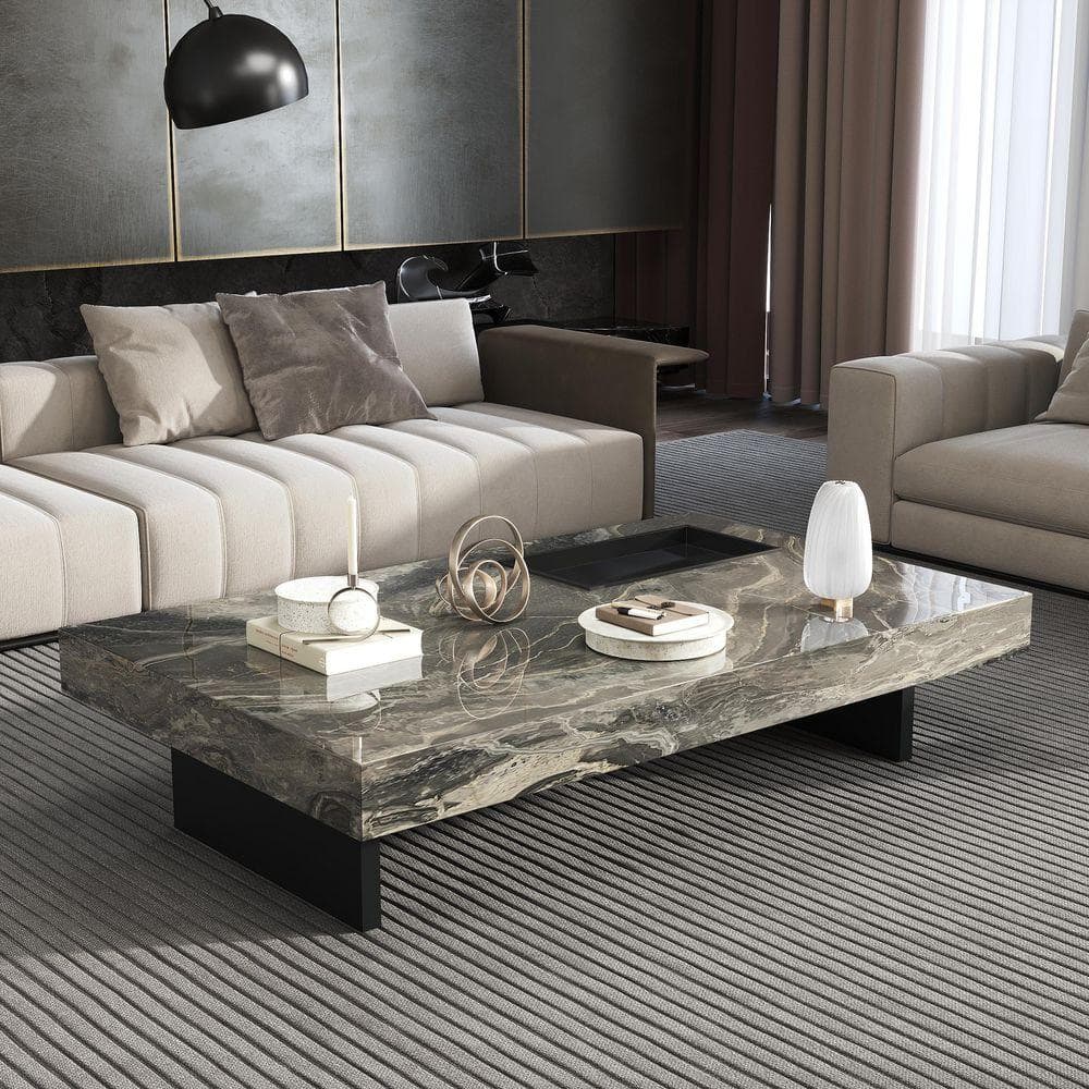 JASIWAY Brown 51.18 in. Length Rectangle Rock Plate Stone Top Coffee ...