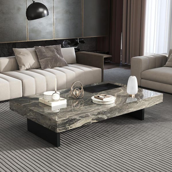 Brown 51.18 in. Length Rectangle Rock Plate Stone Top Coffee Table