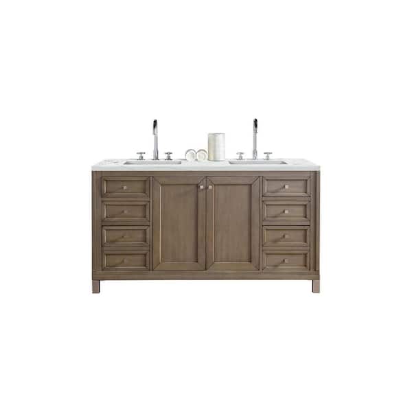 James Martin Vanities Chicago 60.0 in. W x 23.5 in. D x 33.8 in. H Bathroom Vanity in Whitewashed Walnut with Ethereal Noctis Quartz Top