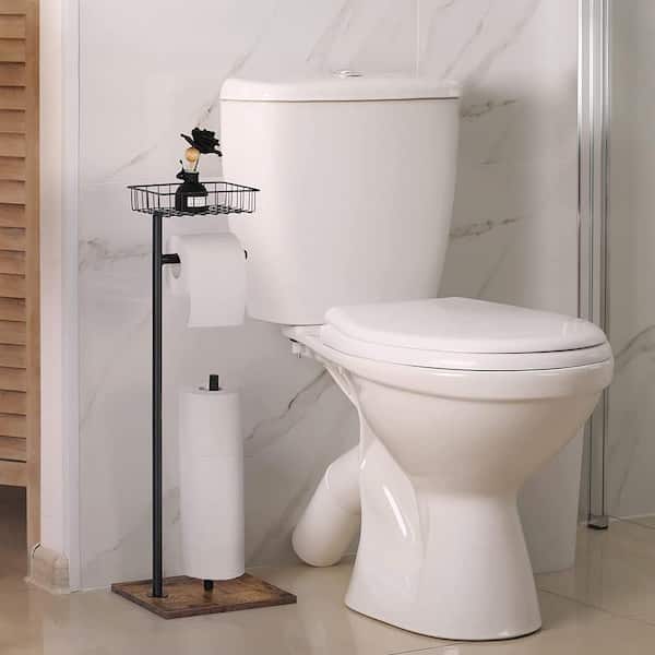 Free Standing Toilet Paper Holder with Wood Base, White 