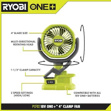 ONE+ 18V Cordless 4 in. Clamp Fan Kit with 1.5 Ah Battery and Charger