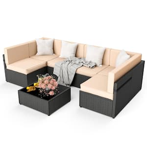 Black 7-Piece Wicker Outdoor Sectional Set with Coffee Table and Beige Cushions
