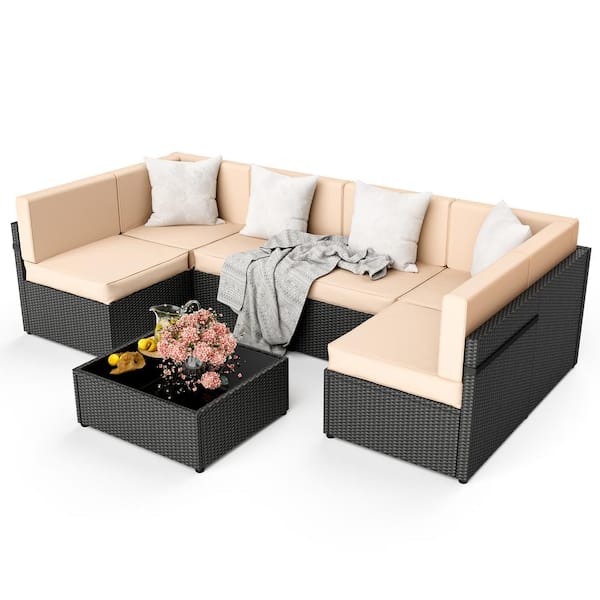 Black 7 Piece Wicker Outdoor Sectional Set with Coffee Table and Beige Cushions