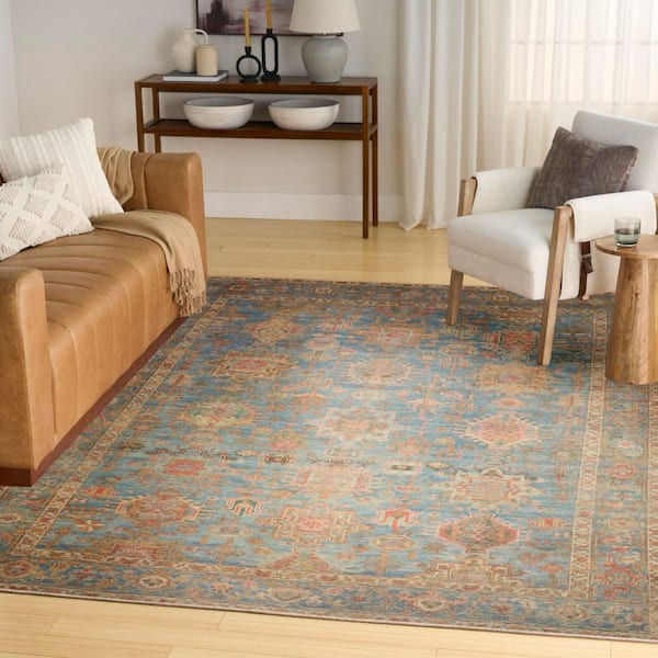 Vintage Washables Navy Multicolor 10 ft. x 13 ft. Floral Traditional Area Rug