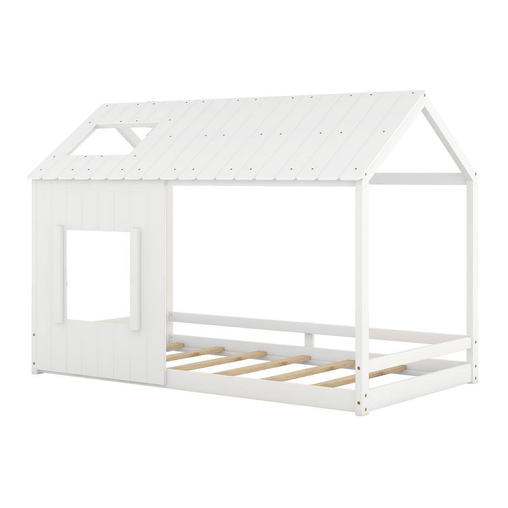 Harper & Bright Designs White Twin Size Wooden House Bed with Roof and ...