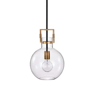 1-Light Black and Antique Gold 10 in. Globe Shaped Clear Glass Pendant