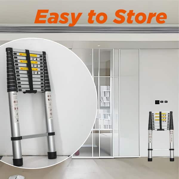 Angel Sar - 12.5 ft. Aluminum Alloy Extension Ladder, Portable Multi-Purpose Telescoping Ladder with 300 lb. Load Capacity