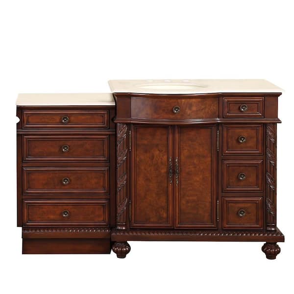 Silkroad Exclusive 56 in. W x 22 in. D Vanity in English Chestnut with Marble Vanity Top in Crema Marfil with Ivory Basin
