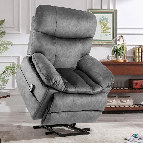 J&E Home Gray Faux Leather Power Lift Massage Recliner Chair with USB ...