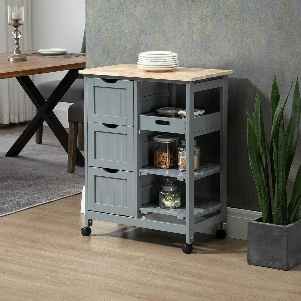 Gray Wood Kitchen Cart with Butcher Block Top and Storage