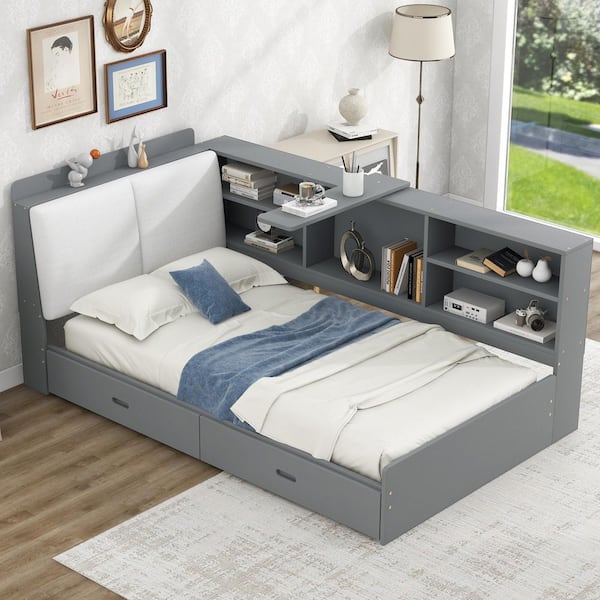 Cub Gray Wood Frame Twin Size Daybed with Rotatable Board, Upholstered Hidden Storage Headboard, 2 Drawers, Shelves
