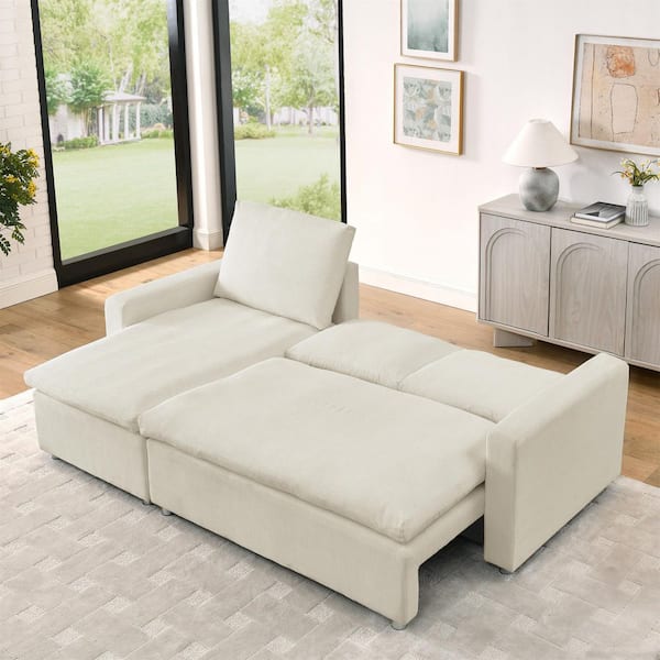 Lola 90 in. Beige+Beige Corduroy Upholstery Full Size L-Shaped Sofa Bed with Pull Out Bed, Reversible Chaise, Storage