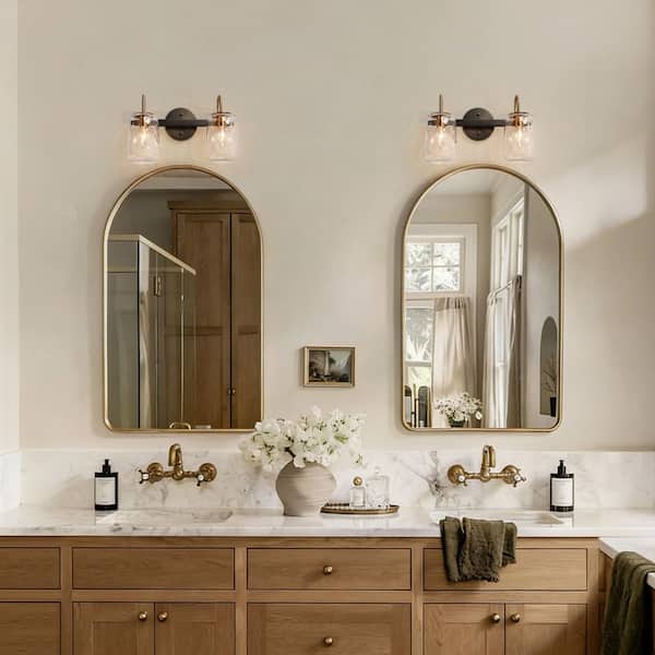 Cellar Modern 14.6 in. 2-Light Vanity Light Gunmetal Gray and Plating Brass Wall Light with Jar Textured Glass Shades