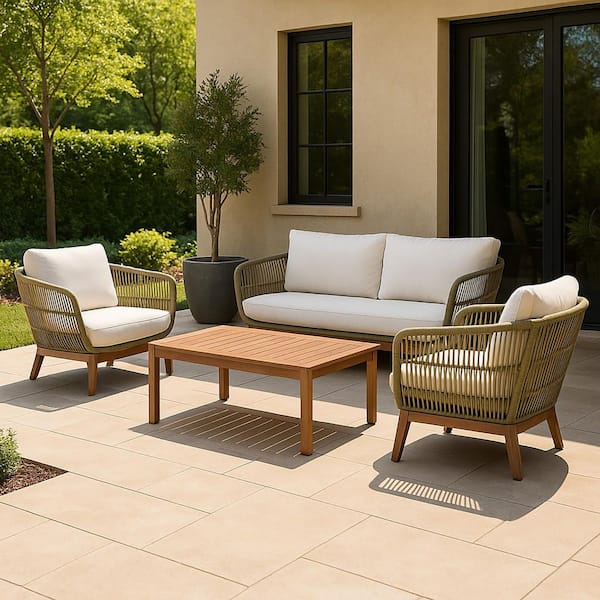 Teamson Home 4 Piece Patio Sofa Set with Wood Base and Matching Table-Handwoven Rope Accents and Cushions in Natural Brown Finish