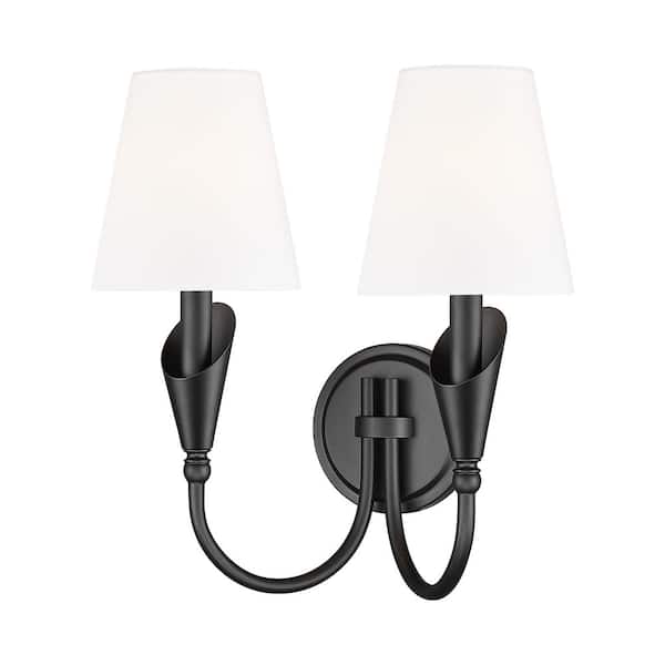 Claudelle 13.75 in. 2 Light Matte Black Wall Sconce with White Fabric Shade