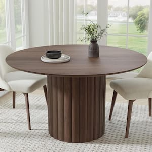 52 in. Wood Walnut Color Column Pedestal Round Kitchen Table Dining Table Seats 4