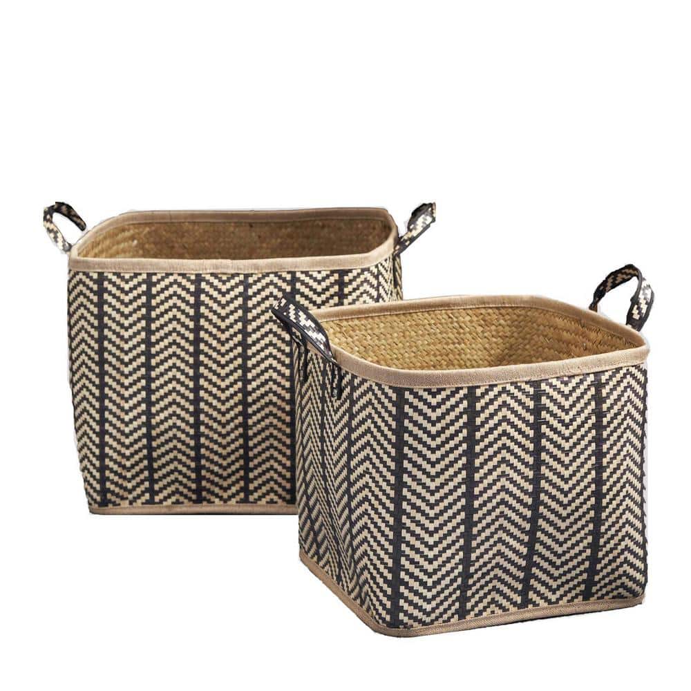 Square Woven Wicker Decorative Basket Storage Basket with Handles (Set of 2
