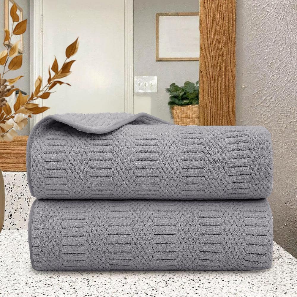 JML 2 Pack Grey Microfiber Jacquard Velvet Bath Towels 30 in. x 60 in.