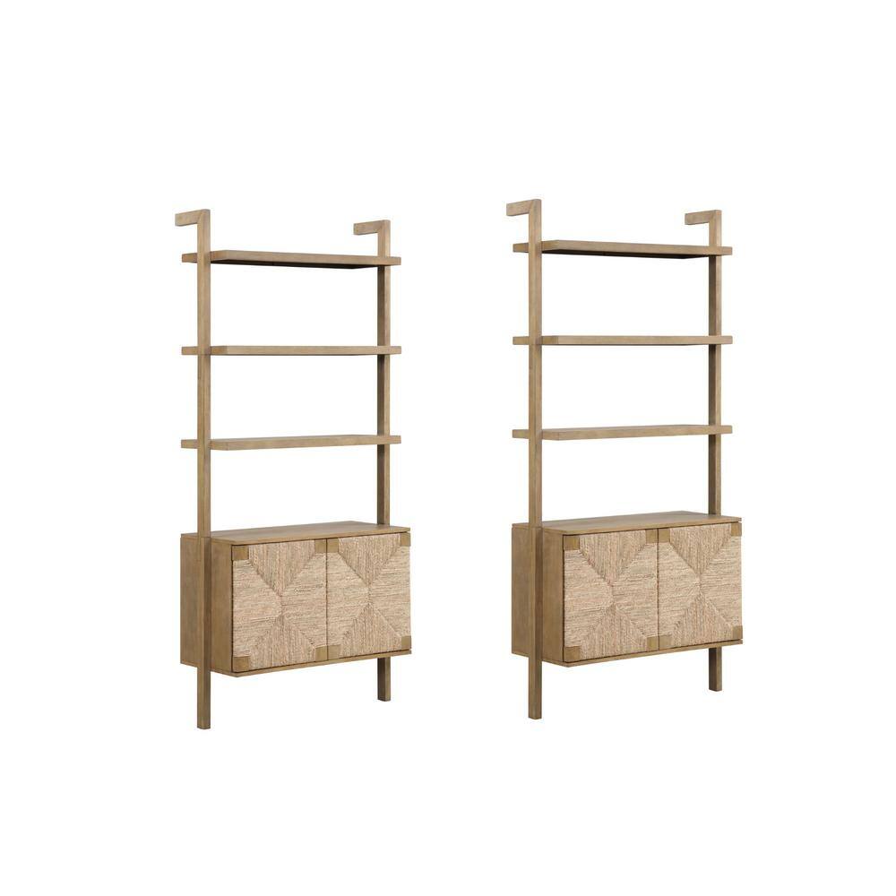 Nathan James Light Brown Solid Wood Ladder Bookcase with Seagrass Doors
