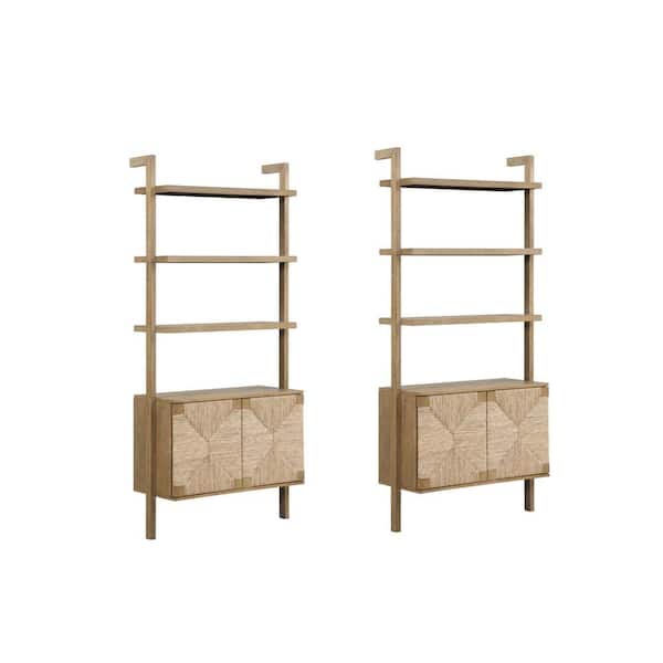 Beacon 72 in. Tall Light Brown Wooden 3-Shelf Standard Ladder Bookcase with Cabinet and Seagrass Doors (Set of 2)