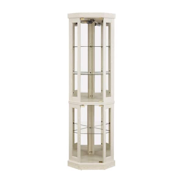 Unbranded 15.31 in. W x 15.31 in. D x 69.84 in. H Antique White Linen Cabinet Corner Lighted Curio Cabinet Glass Display Case