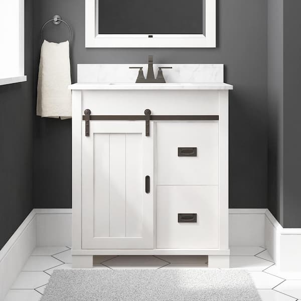 Glacier Bay Brindley 30 in. W x 20 in. D x 35 in. H Single Sink Freestanding Bath Vanity in White with White Engineered Stone Top